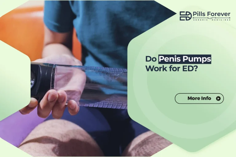 Man holding a penis pump for erectile dysfunction treatment EdPills Forever banner asking 'Do Penis Pumps Work for ED?
