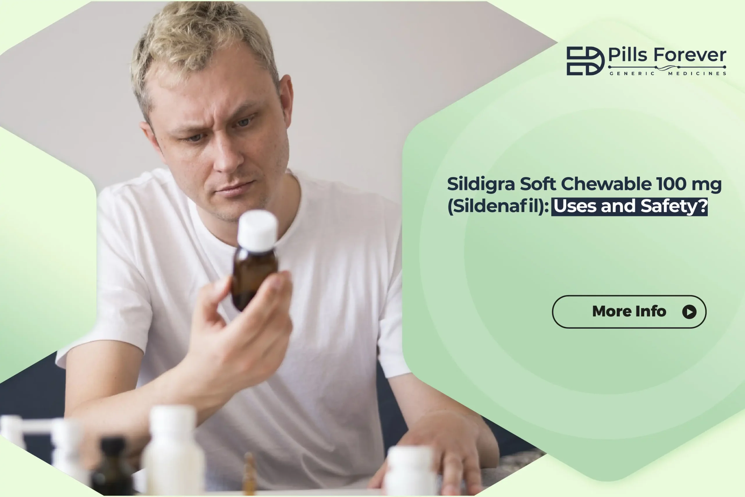 "Man checking medication bottle – Sildigra Soft Chewable 100 mg (Sildenafil) uses and safety info by Pills Forever."