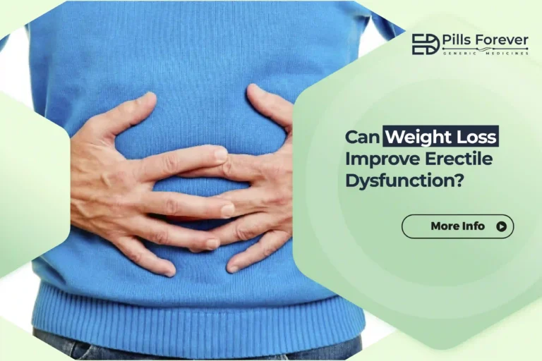 Man holding stomach with text: Can Weight Loss Improve Erectile Dysfunction?