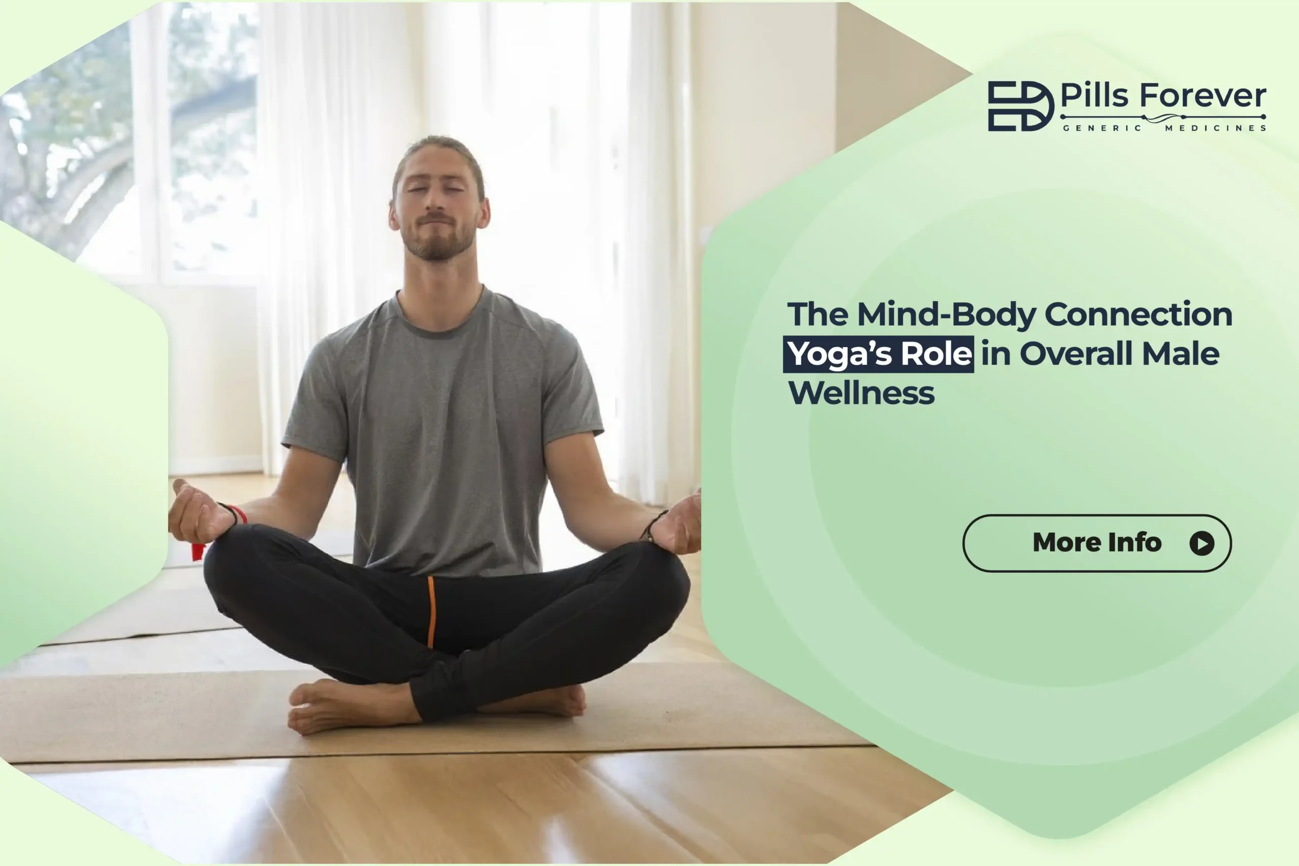 Man meditating indoors promoting yoga for male wellness.