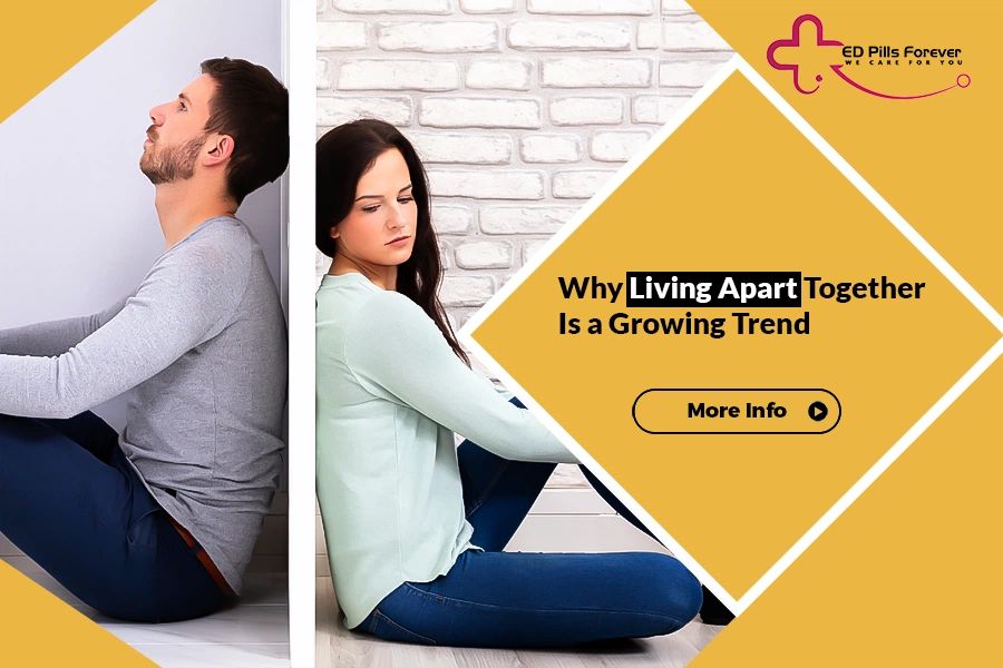 Upset couple sitting apart with ‘Living Apart Together’ text