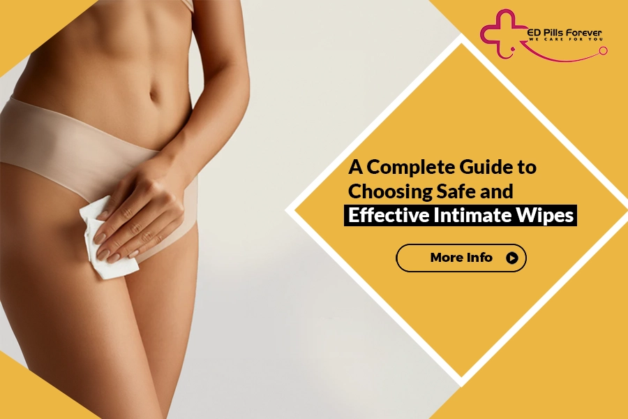 Woman using an intimate wipe with guide text.