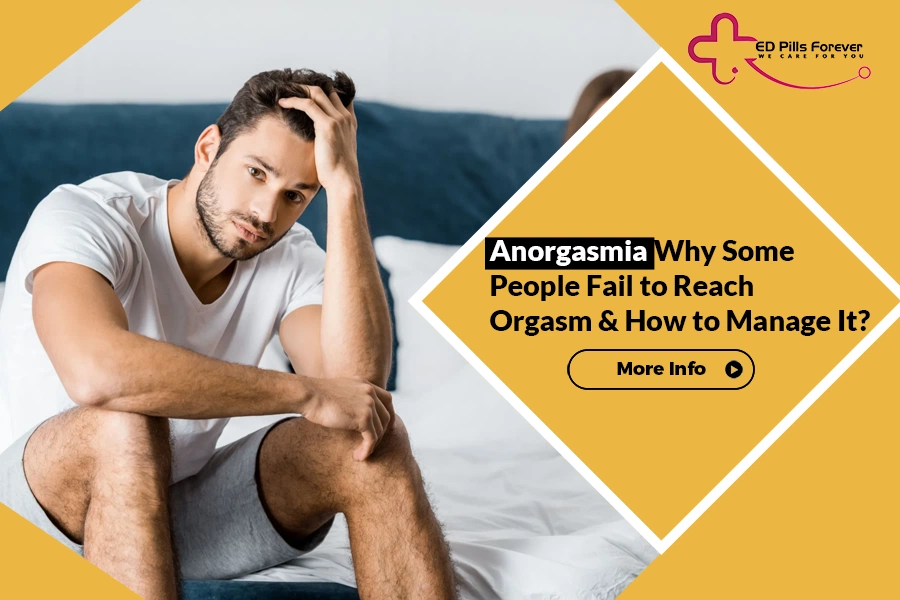 Concerned man with anorgasmia awareness text