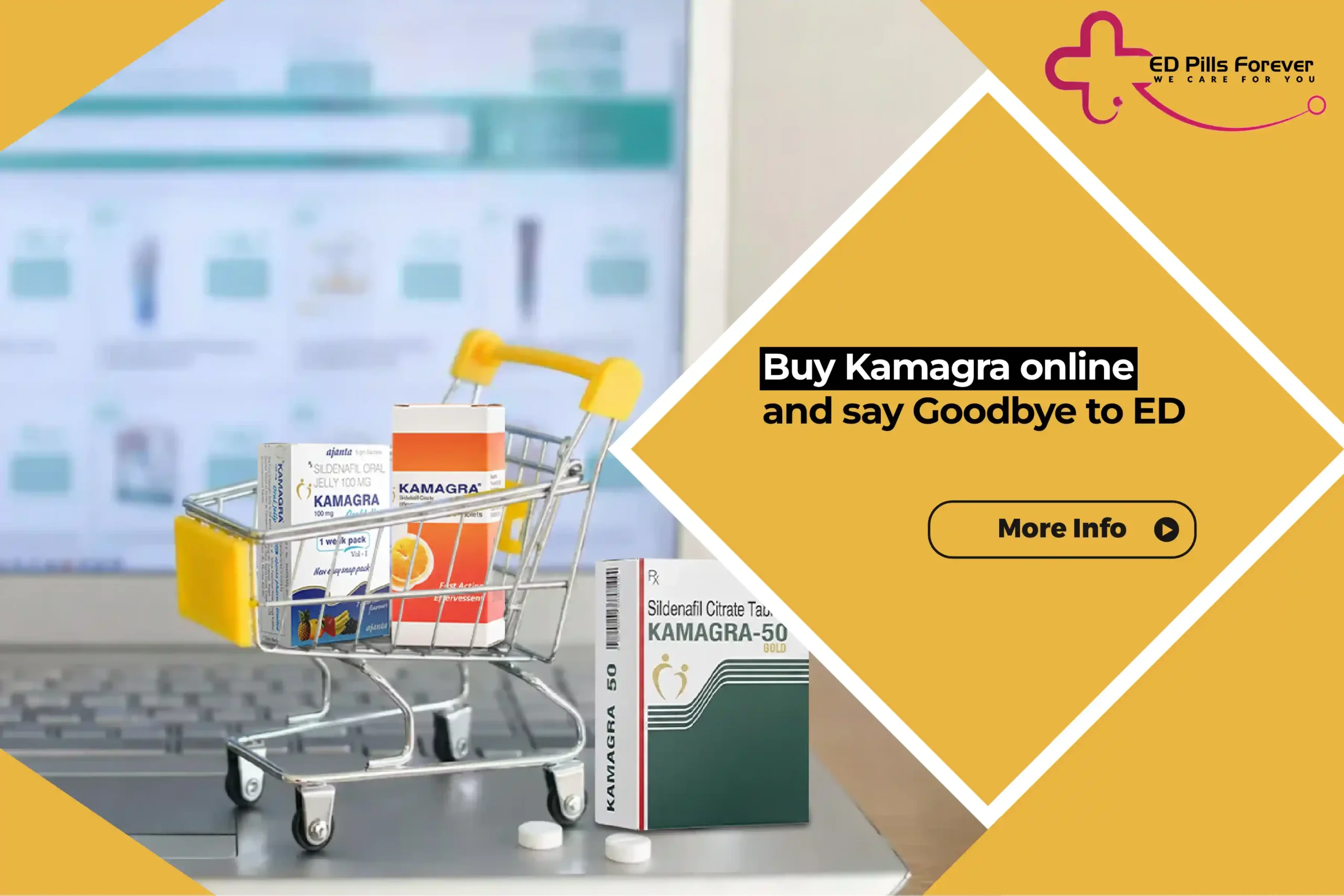 Kamagra ED medicine in a shopping cart with buy online message.