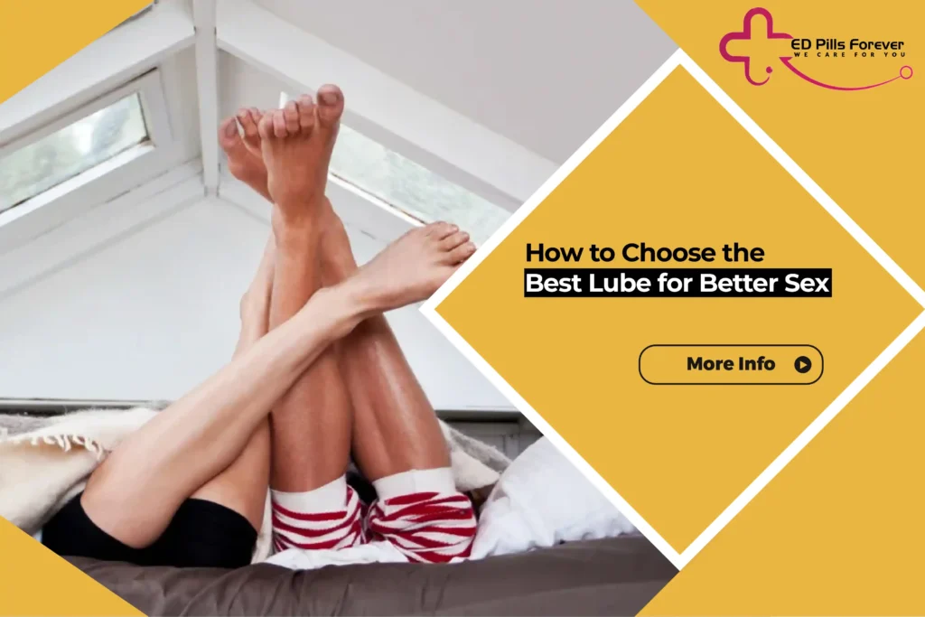 Couple’s legs on bed with lube guide banner.”