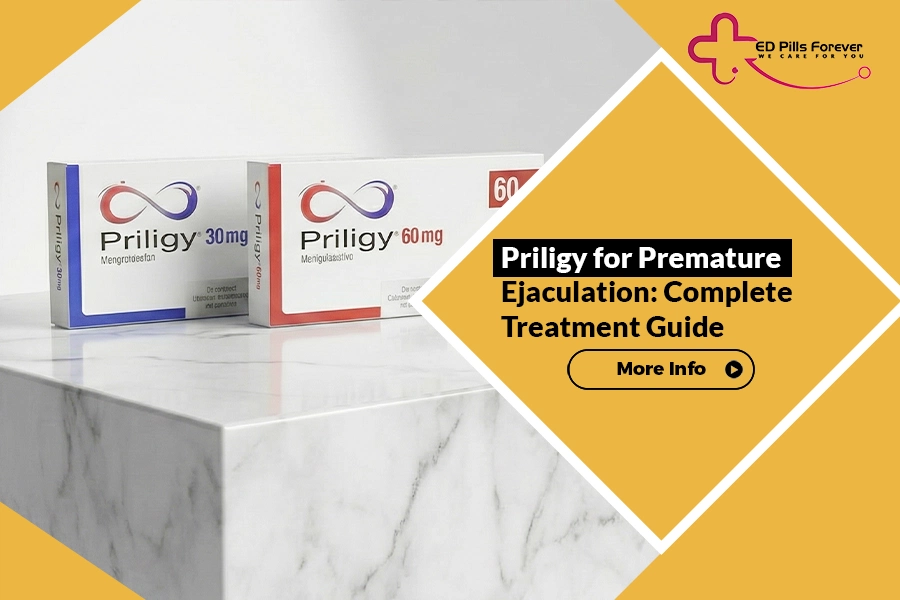 Priligy 30mg and 60mg boxes displayed on marble surface with treatment guide banner for premature ejaculation