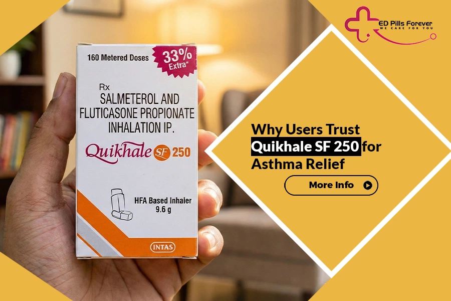 Hand holding Quikhale SF 250 inhaler box for asthma relief