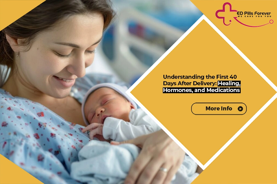 Mother holding newborn, first 40 days after delivery banner.