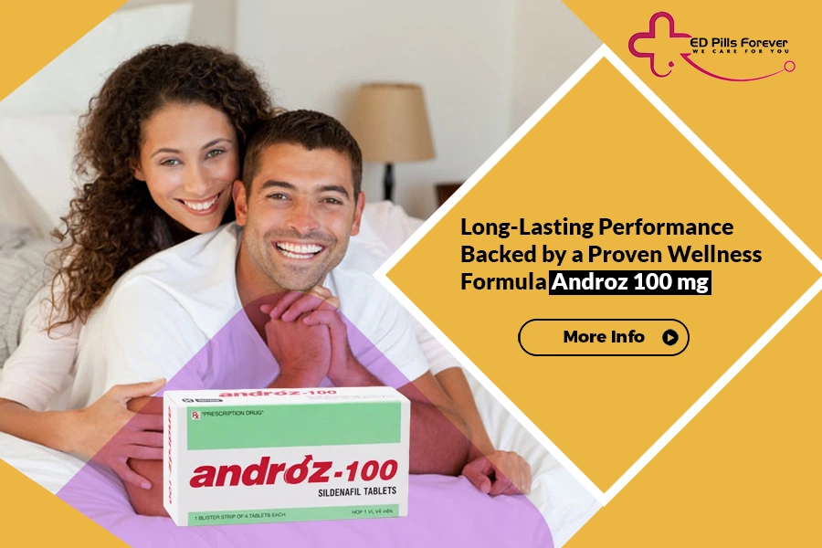 Androz 100 mg blue tablets in a blister pack by Torrent Pharmaceuticals, a long-lasting wellness formula for male performance.
