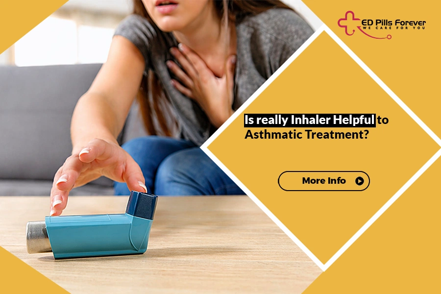 Woman experiencing asthma attack reaching for an asthma inhaler placed on a wooden table