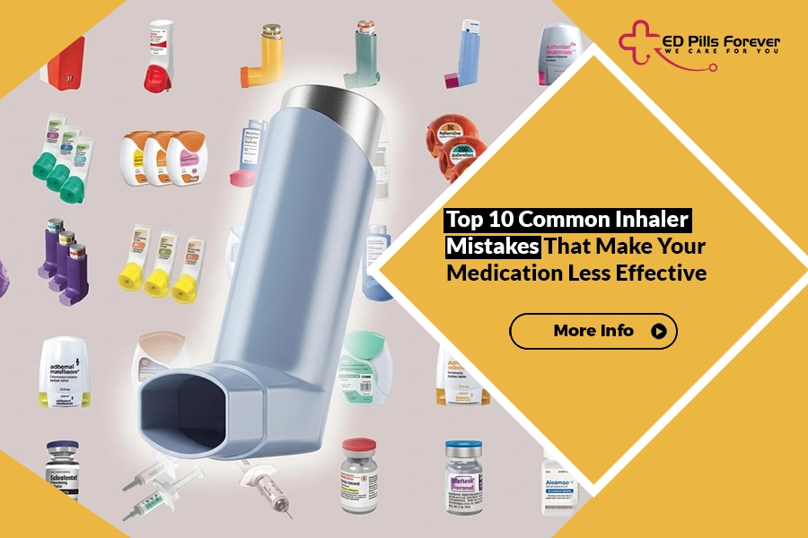 Top 10 common inhaler mistakes visual with inhaler device and asthma medication background