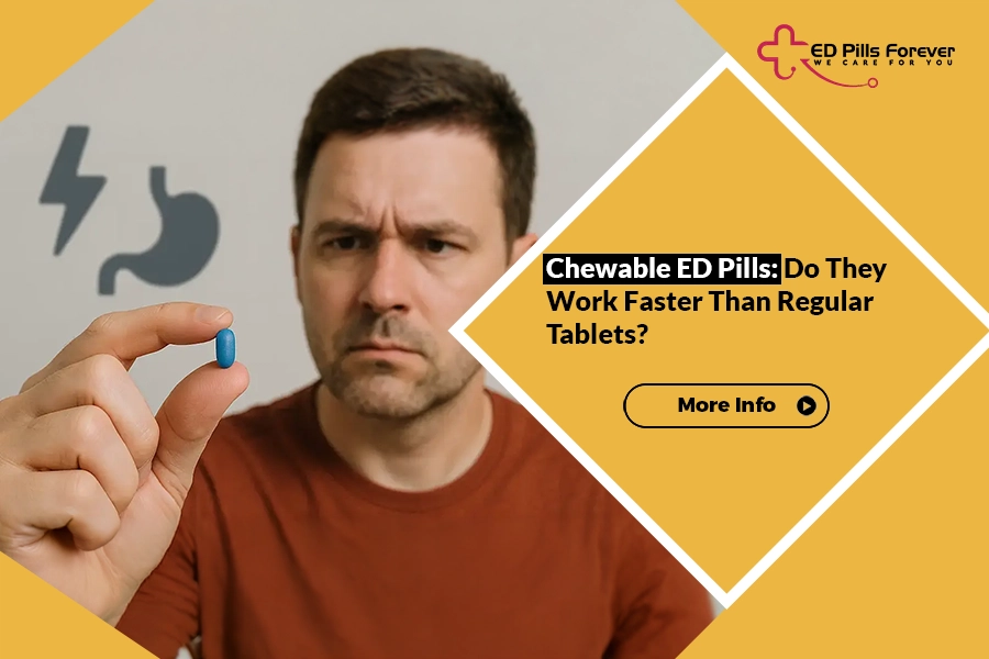Man holding a chewable ED pill wondering if it works faster than regular tablets