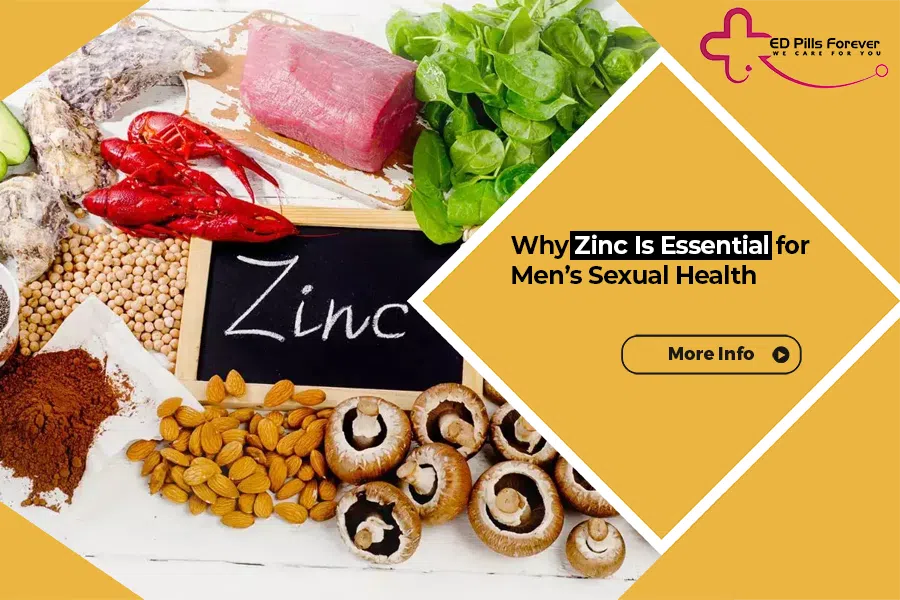 Zinc-rich foods including almonds, mushrooms, seafood, spinach, and meat displayed around a zinc sign, highlighting zinc’s importance for men’s sexual health.