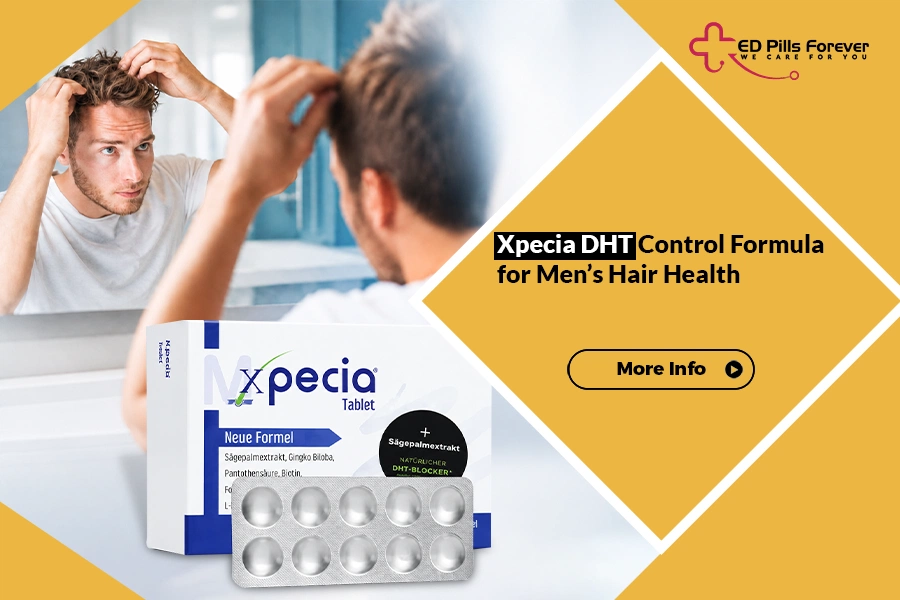 Man inspecting thinning hair with Xpecia hair health supplement display
