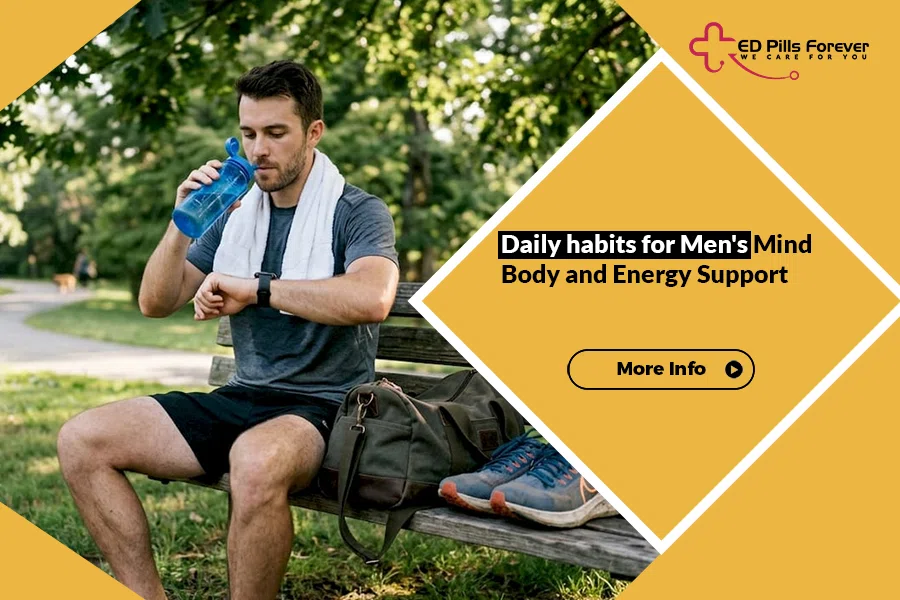 Daily habits for men's wellness featuring hydration, exercise, and healthy routines for mind, body, and energy support