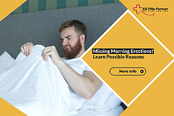 Bearded man sitting in bed looking under white sheets with a concerned expression, beside text "Missing Morning Erections? Learn Possible Reasons"