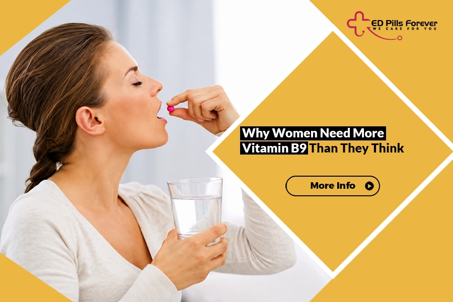 Woman taking folic acid supplement to meet Vitamin B9 needs for women