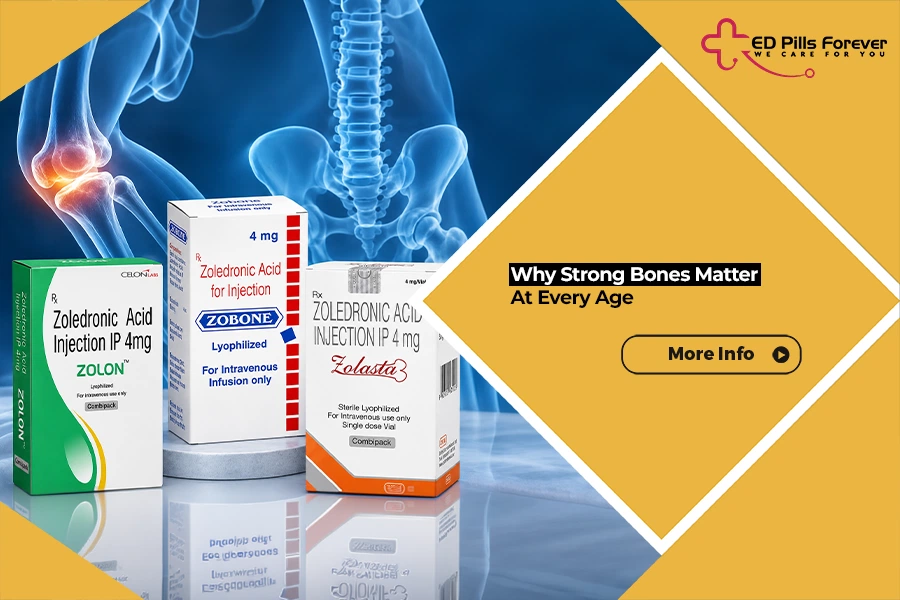 Strong bones at every age concept featuring Zoledronic Acid injection packaging