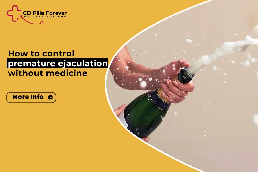 Image promoting tips on how to control premature ejaculation without medicine, featuring a champagne bottle spraying.