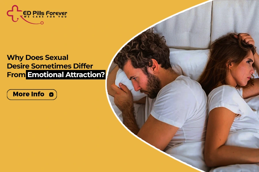 Sexual desire vs emotional attraction in relationships, illustrated by a couple lying back-to-back in bed.