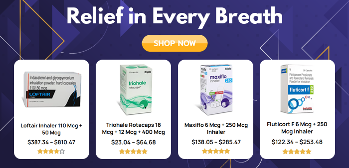 Buy Loftair, Triohale, Maxiflo, and Fluticort F inhaler products displayed.